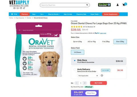 Oravet Dental Chews For Large Dogs Over 23 Kg (Pink) 14 Chews | VetSupply Australia