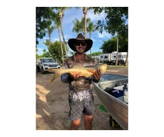 Ollie is having lunch a with Barramundi Fish