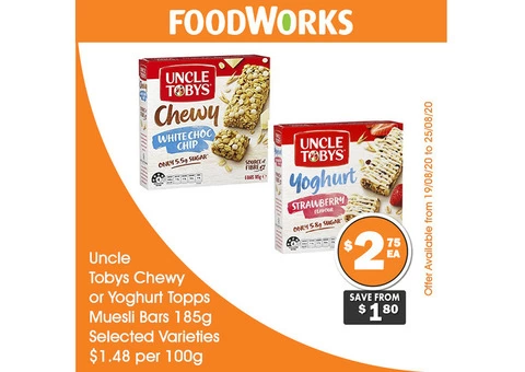 Uncle Tobys Chewy or Yoghurt Topps Muesli Bars For Sale FoodWorks Clovelly